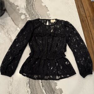 Anthropologie En Elle Cinched Black Lace Ruffle Blouse Top